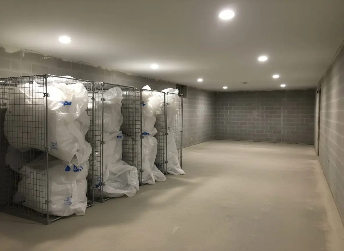 Tenant storage cages in a basement, contents wrapped in sheeting and pushed to one end, the far end stripped back to bare block where the work has started.