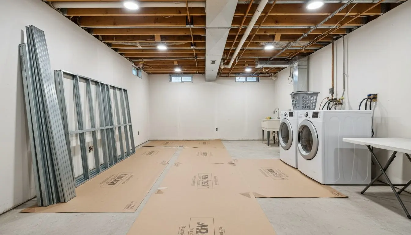 The basement level of a three-family house part way through the work, floors covered on the route