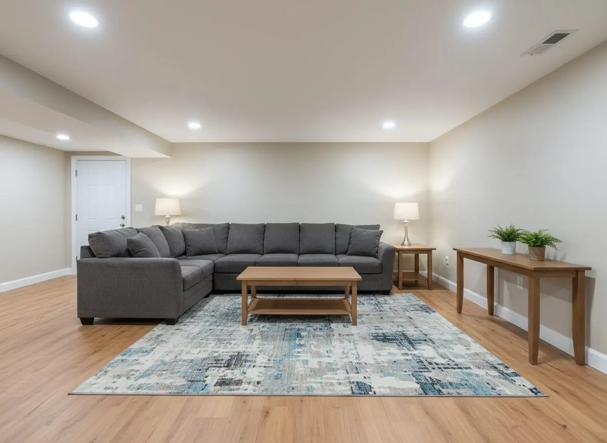 A finished basement living room, floored, painted, lit and furnished with a sofa and a rug. No tools, no dust, no bare block. Nothing important near the edges.