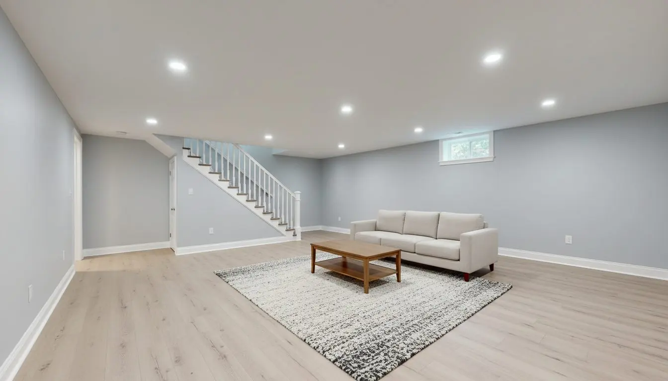 A finished basement room in a house in Worcester, painted walls, a flat white ceiling with recessed downlights in it, vinyl plank flooring, a sofa