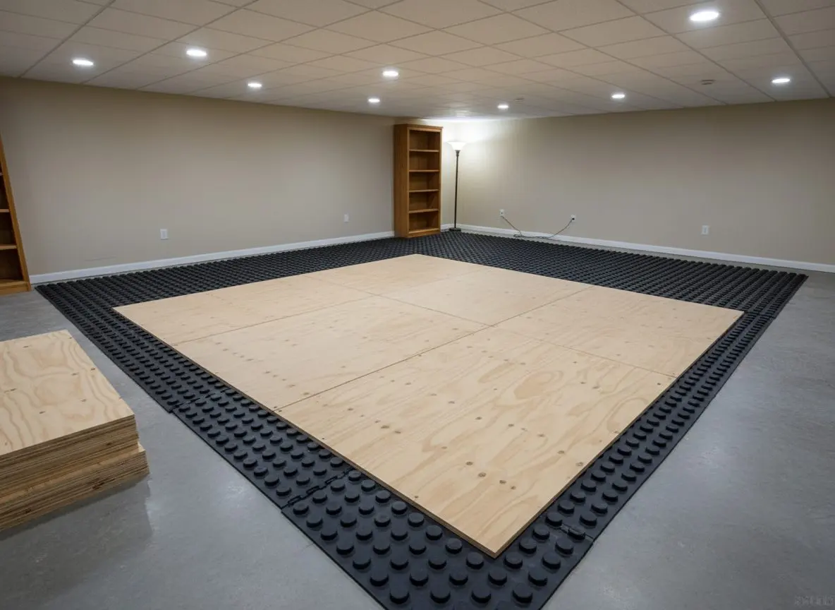 A dimple membrane laid across a basement slab with tongue and groove subfloor panels going down over it.
