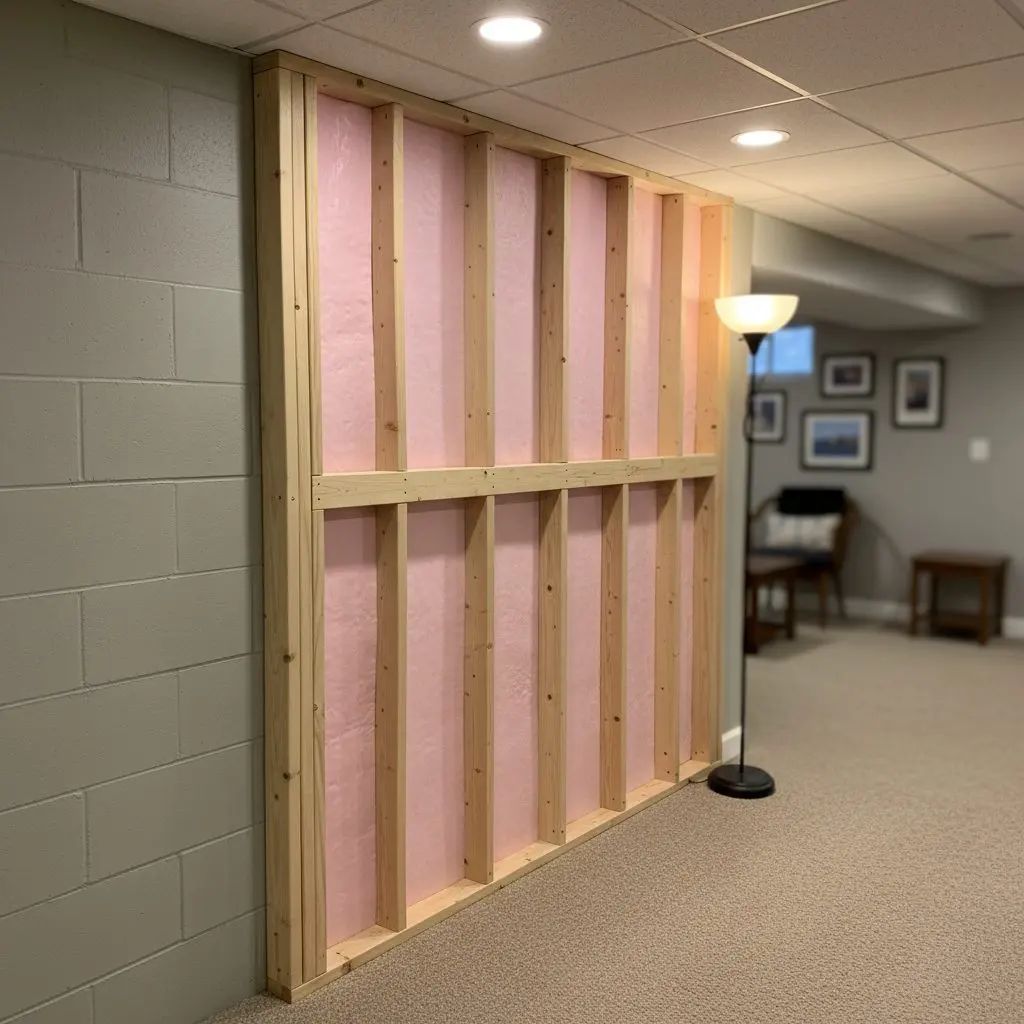 A close view of a basement stud wall standing an inch clear of a painted block foundation
