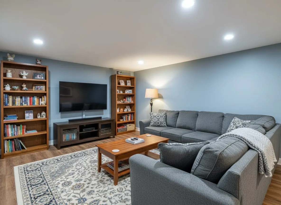 A finished basement family room in a house in Worcester, furnished and lived in, with a sofa, bookshelves, a television on the wall and a rug on the floor.
