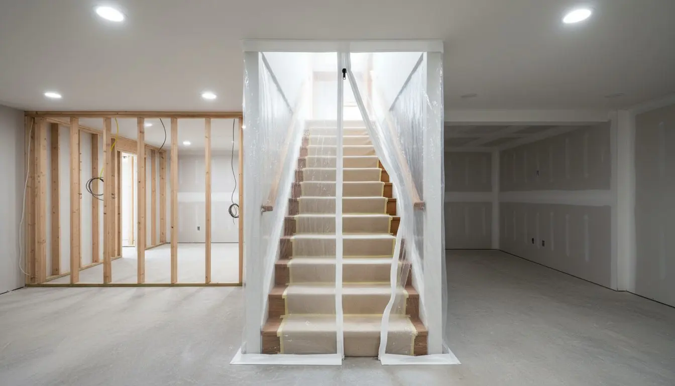 The bottom of a basement staircase in a family house with a zipped plastic dust wall built across the opening at the top of the flight, the treads covered