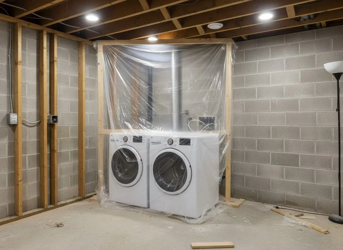 A basement laundry corner with the washer and dryer still connected and a sheet of plastic hung to shield them