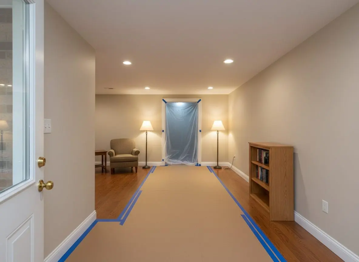 A hallway floor in a family house covered with hardboard running from the front door to a basement doorway, the doorway sheeted in plastic. Bright, no people.