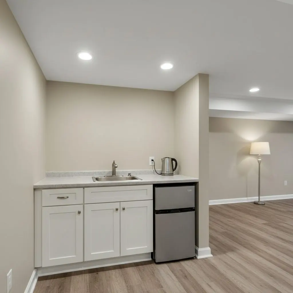 A basement kitchenette in a house, a short run of cabinets with a small sink, a compact fridge beneath the counter and a kettle on the worktop.