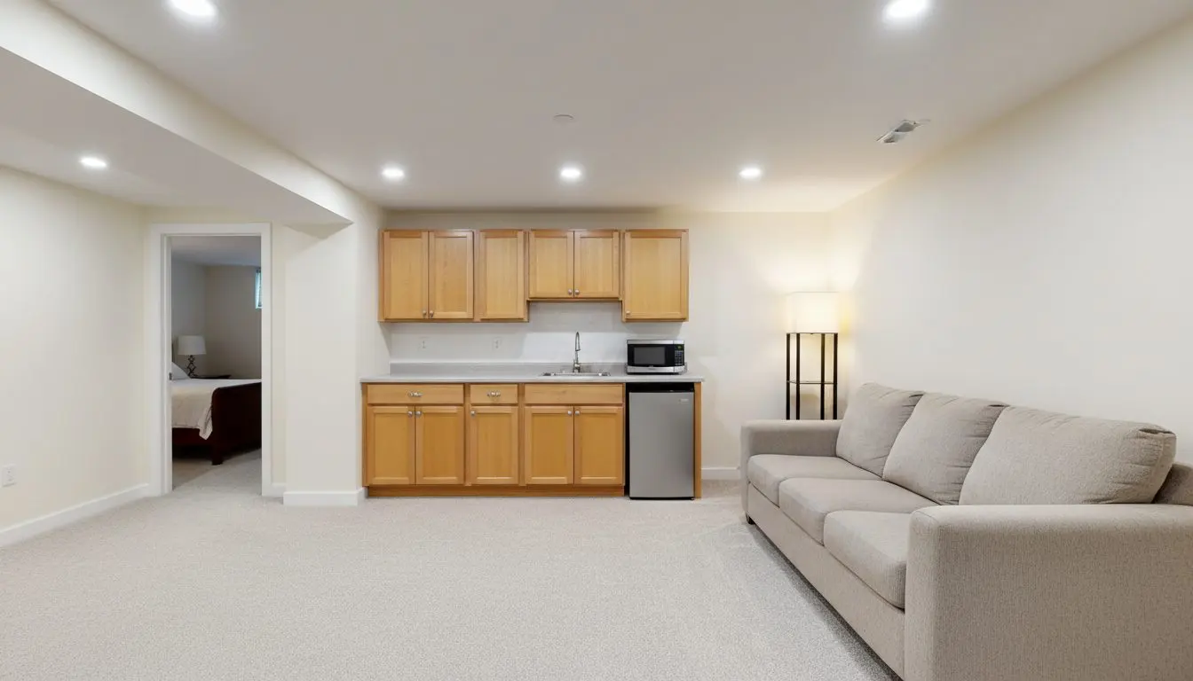 A finished basement in-law suite in a house, a small sitting room with a kitchenette along one wall, a sofa and a lamp
