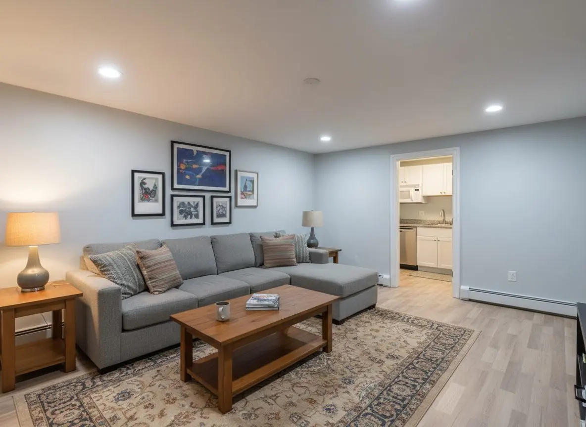 A finished basement apartment living area, furnished and in use, with a lamp lit and a door through to a small kitchen at the end.