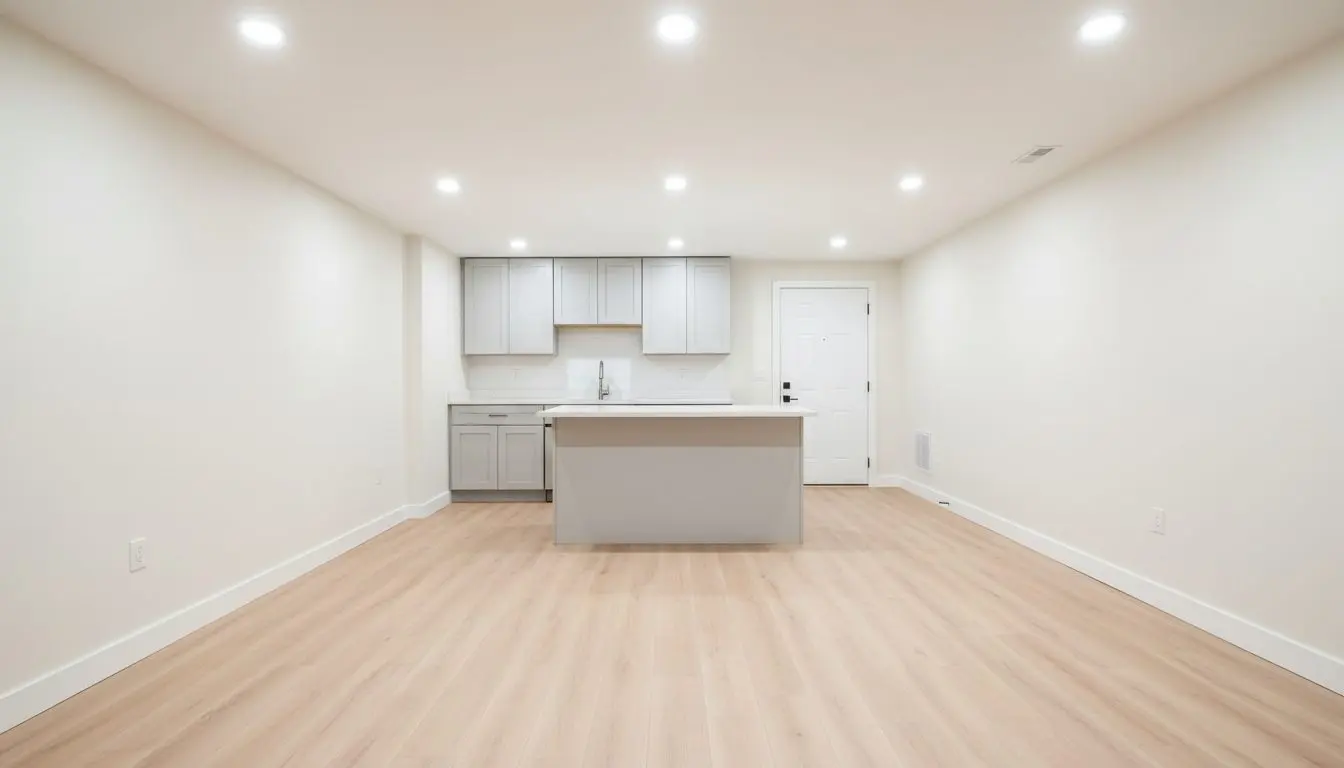A finished basement apartment in a three-decker, open living area with a kitchenette along the near wall and a door to its own entry beyond, plank flooring