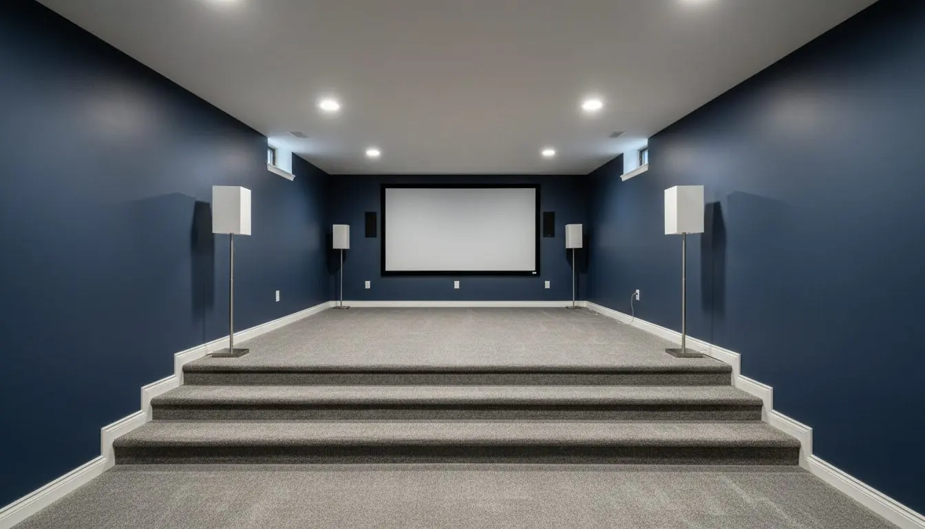 A finished basement media room, tiered carpeted seating facing a large screen on the end wall, dark painted walls