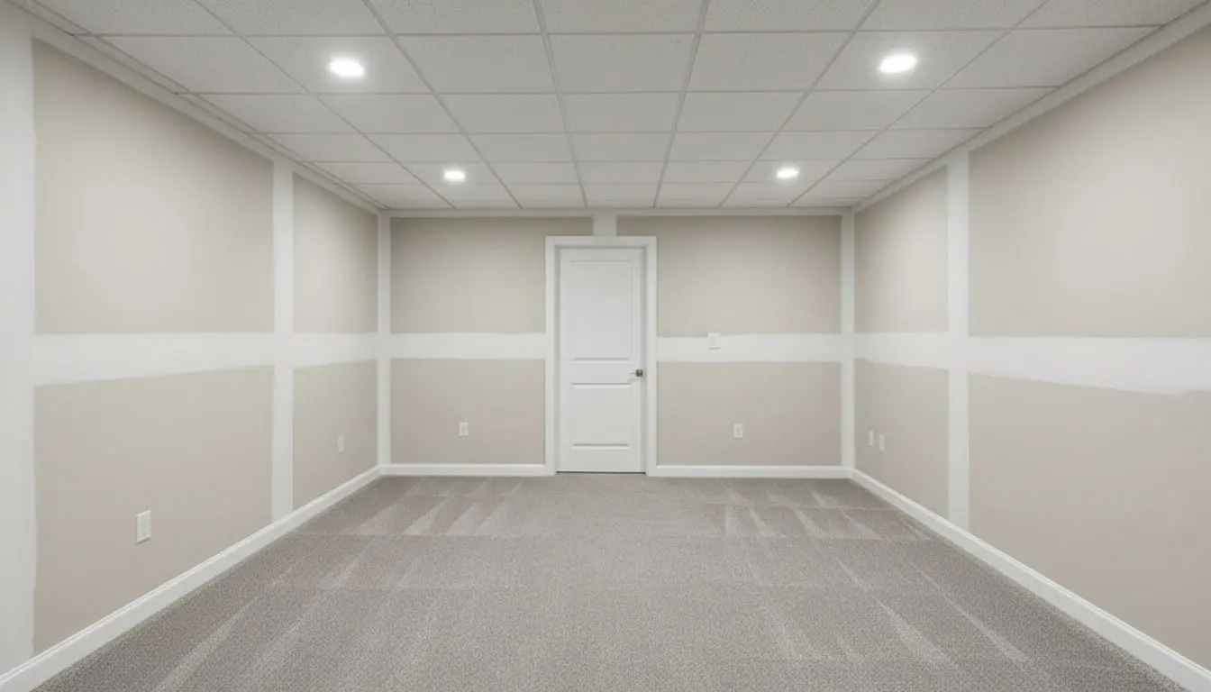 A basement room finished for sound separation, double-boarded walls and a solid core door standing closed, plain finish