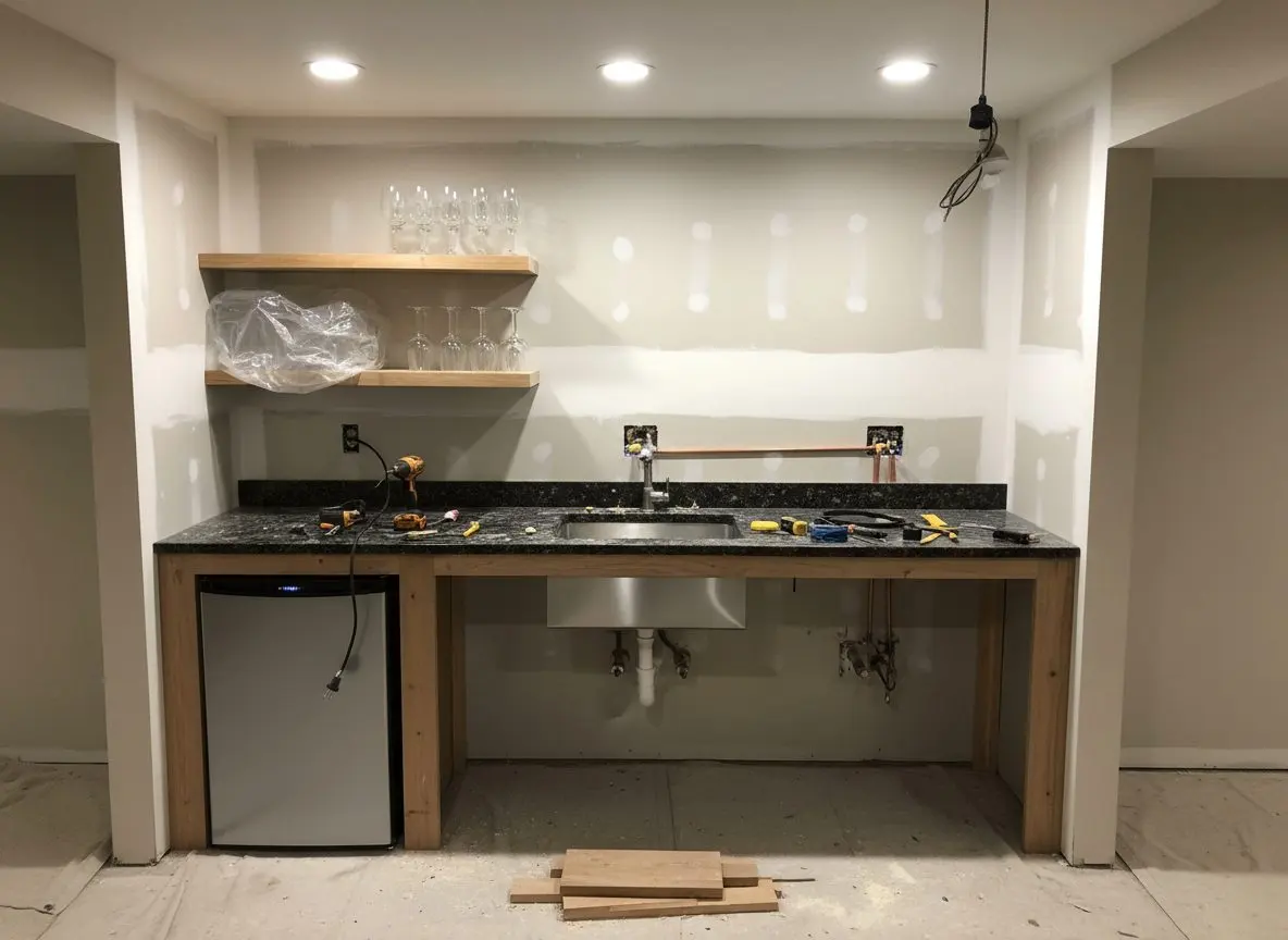 A basement wet bar with a stainless sink set into the counter, an under-counter fridge beside it and glasses on a shelf above the run.