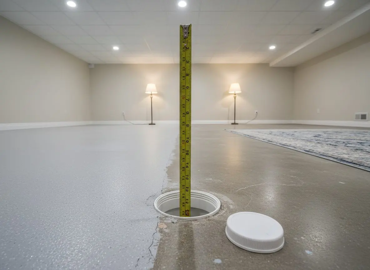 A basement floor with the cleanout cap off the house drain and a tape measure dropped into the open pipe to read the depth.