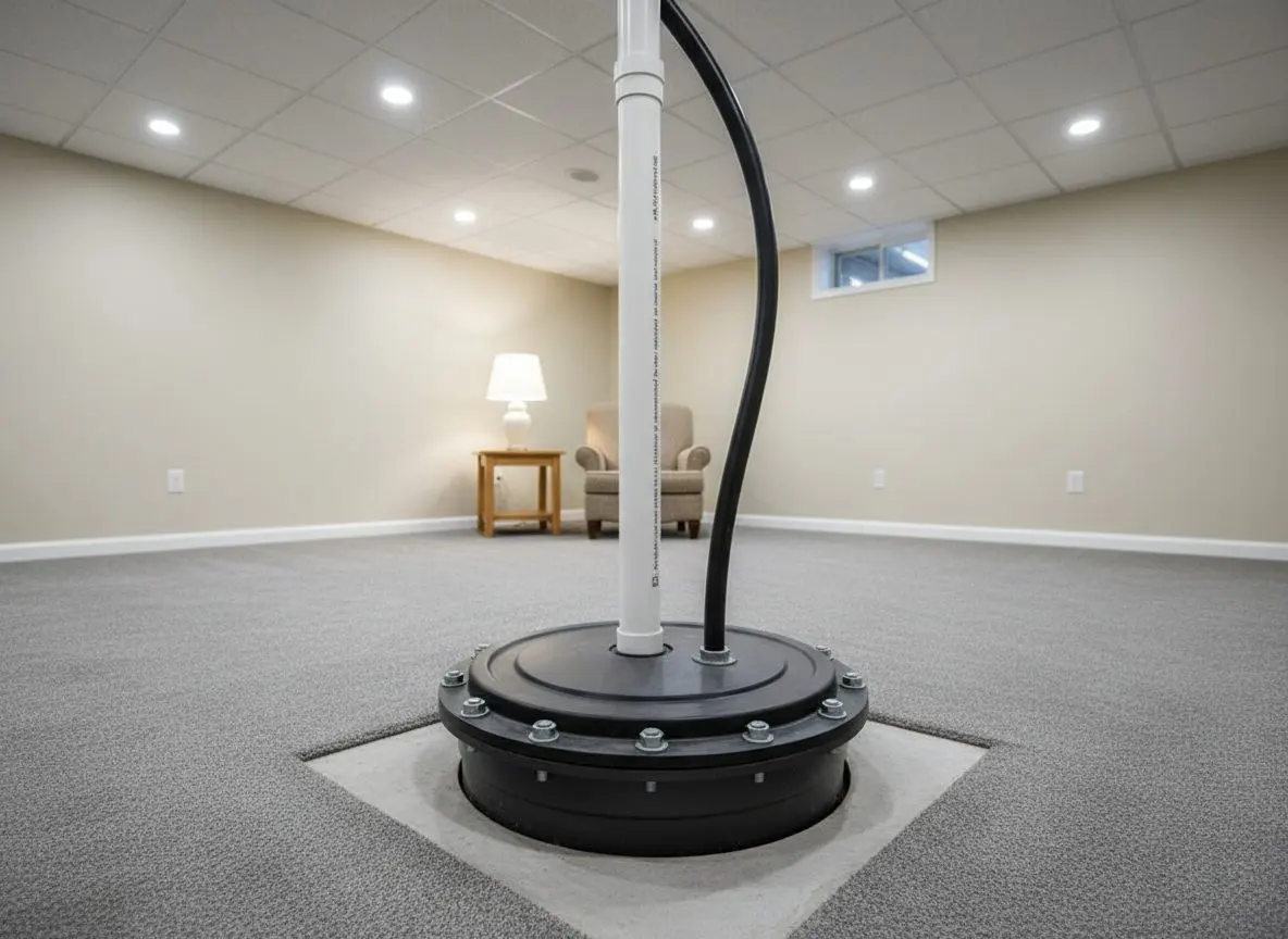 An ejector basin set into a cut basement slab, its gasketed lid bolted down, with the vent and the discharge line rising off the top of it.