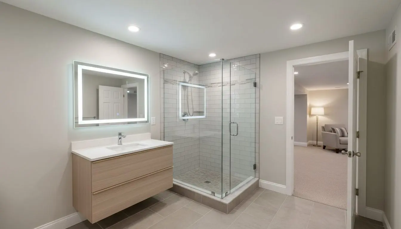 A finished basement bathroom in a house, a tiled shower with a glass screen, a vanity with a lit mirror over it