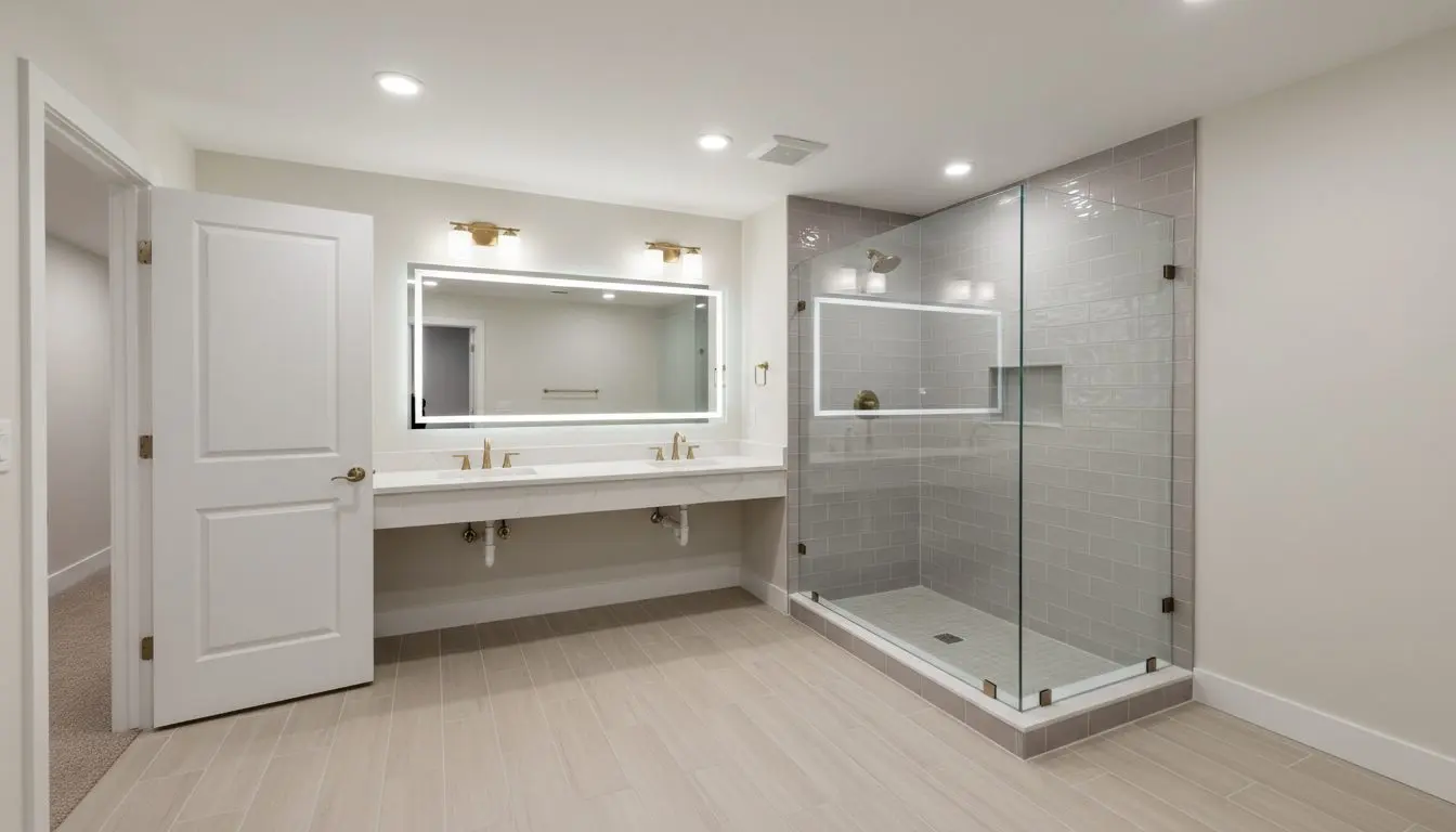 A finished basement bathroom with the door standing open.
