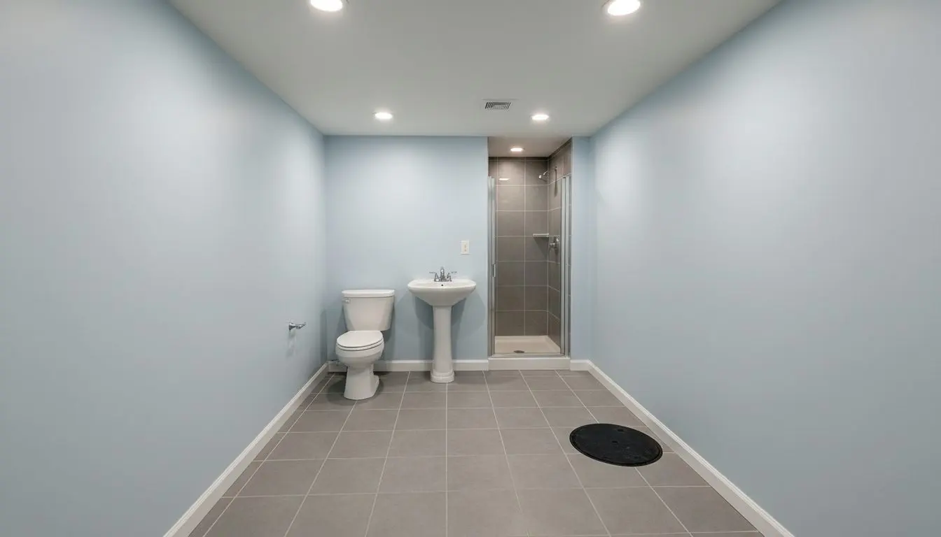 A finished basement bathroom served by a sewage ejector, the floor tiled and the fittings in place, the pump basin lid flush in the floor at one side