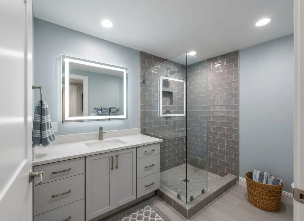 A finished basement bathroom in use, towels on the rail and a lit mirror over the vanity, with the tiled shower behind it.