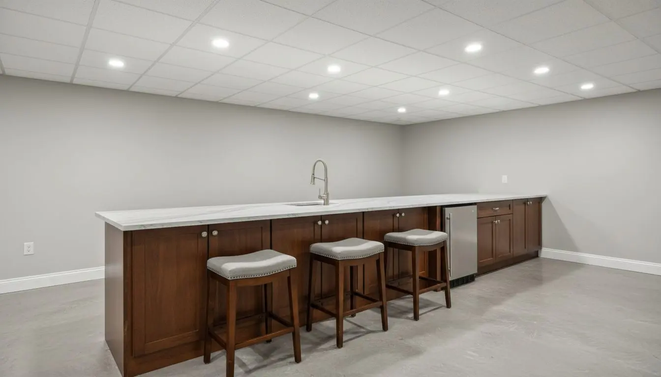 A finished basement wet bar, run of cabinets with a quartz top, undercounter fridge and a sink, stools along the front