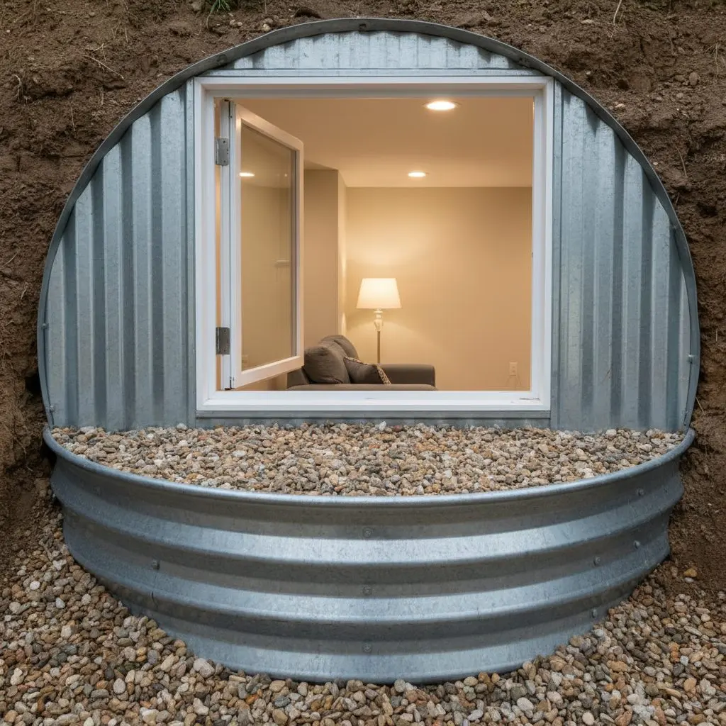 A window well outside a house, dug out and lined with corrugated steel, gravel in the bottom of it, with the basement window inside standing open.