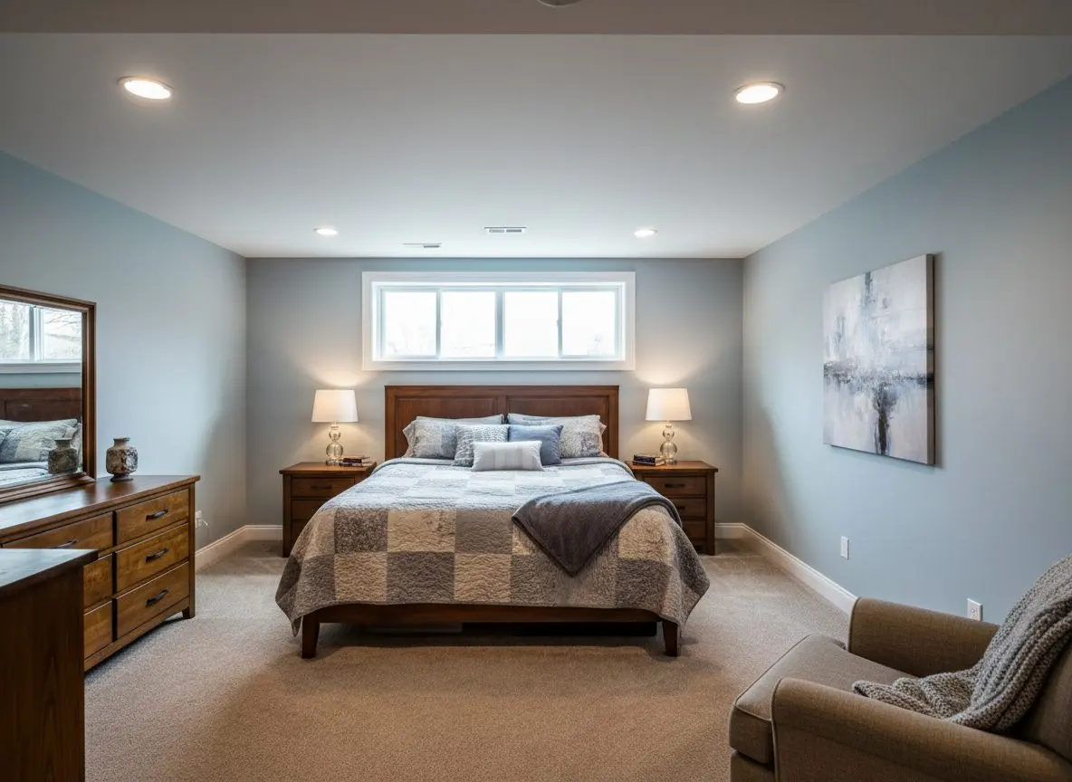 A finished basement bedroom, furnished and lived in, with a wide egress window in the wall letting daylight in over the bed.