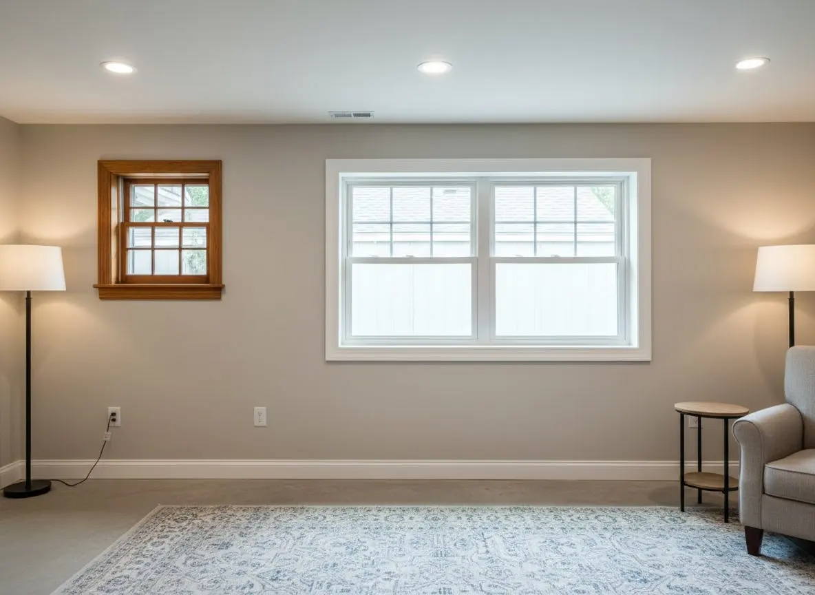 Two basement windows in the same wall of a house, one a small original sash and one a wide egress casement, so the difference in size is plain.