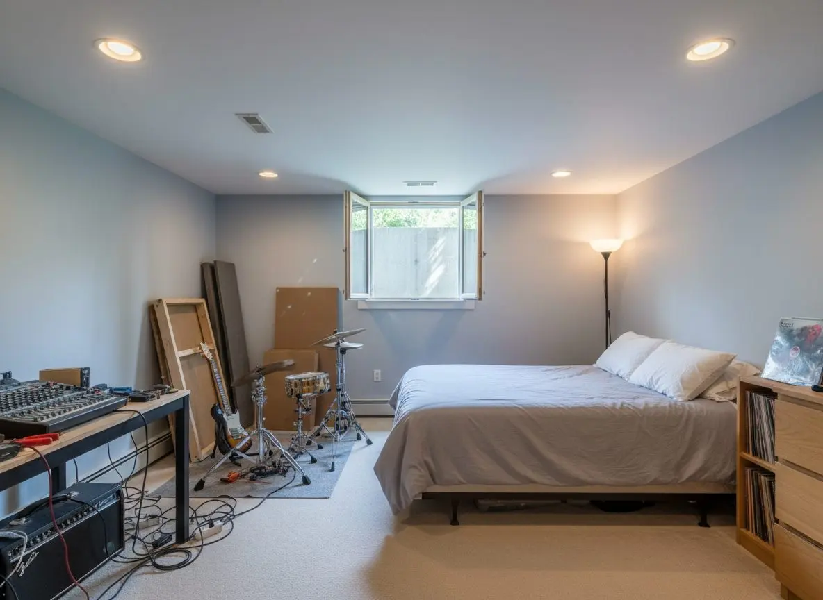 A basement bedroom with an egress casement window open in the wall behind the bed, daylight coming down the well and into the room.