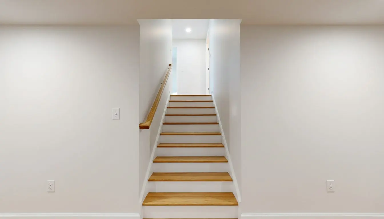 A finished basement stair in a house in Worcester, Massachusetts, seen from the bottom of the flight, painted closed risers