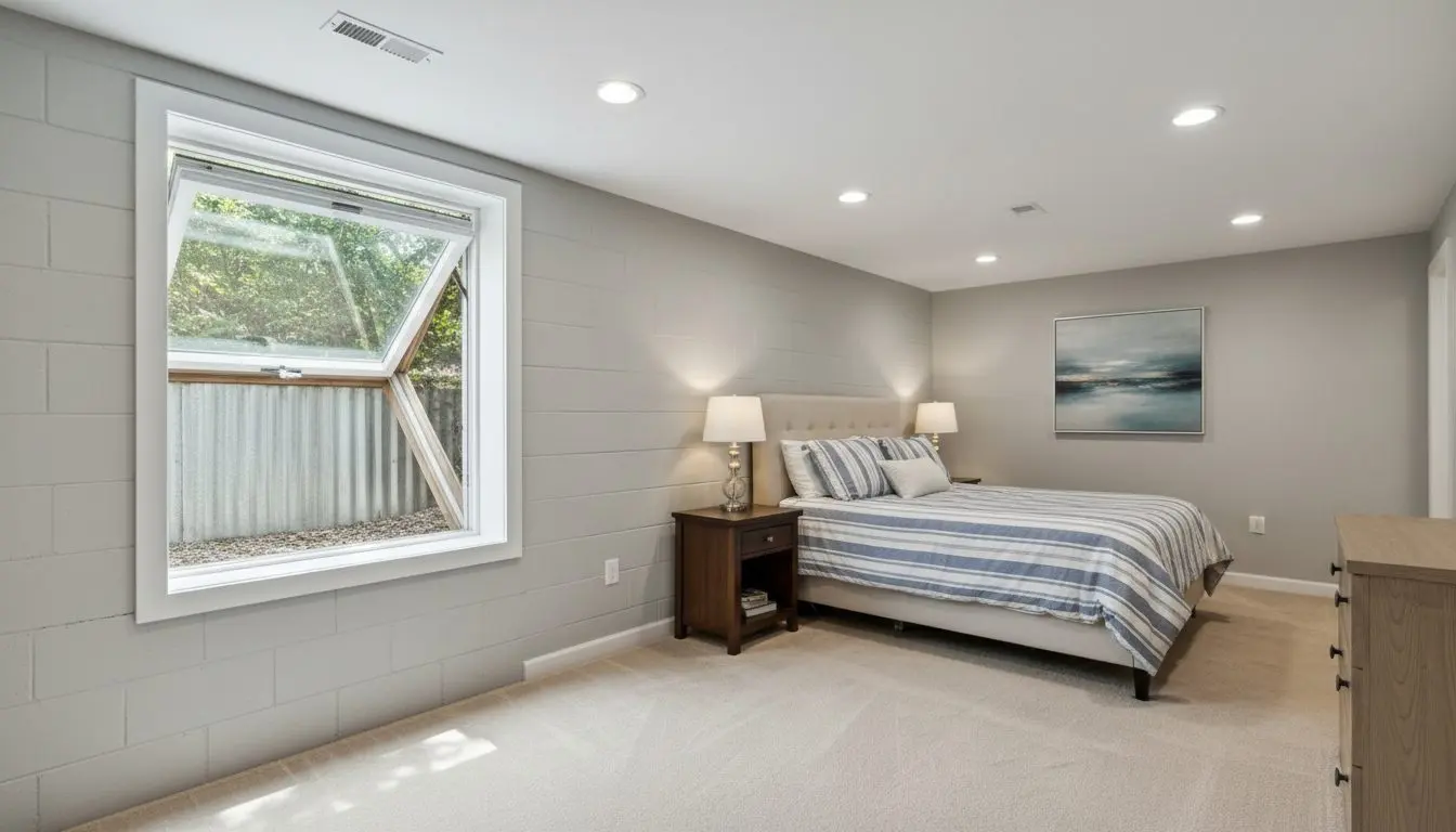 A finished basement bedroom in a house in Worcester with a wide egress casement window standing open in the block wall