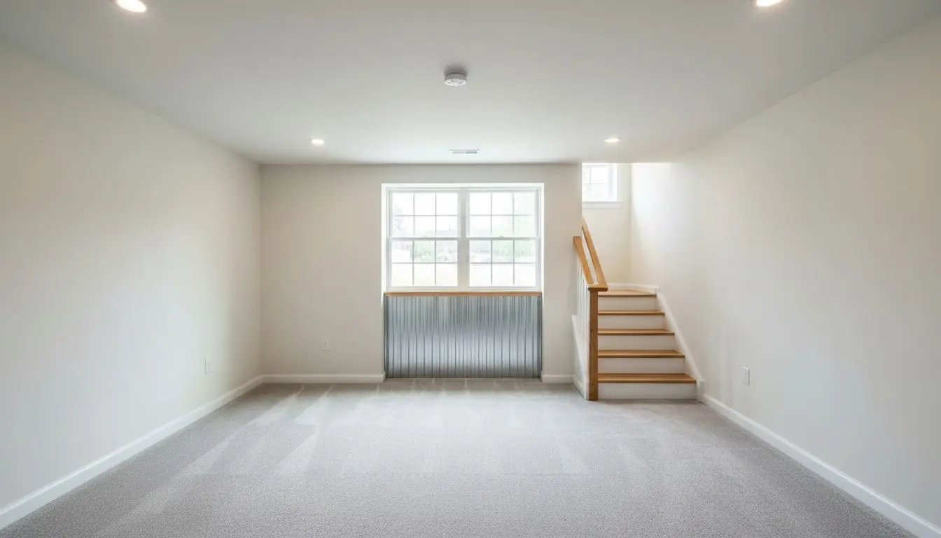 A finished basement room meeting code, wide egress window in a lined well, smoke alarm on the ceiling and a clear stair beyond
