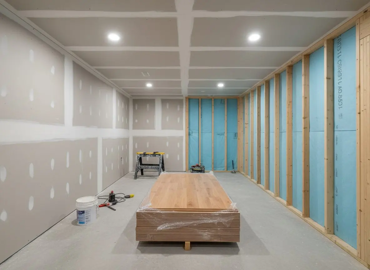 A basement part way through being finished, one wall boarded and taped, the wall opposite still open studs with foam board behind them