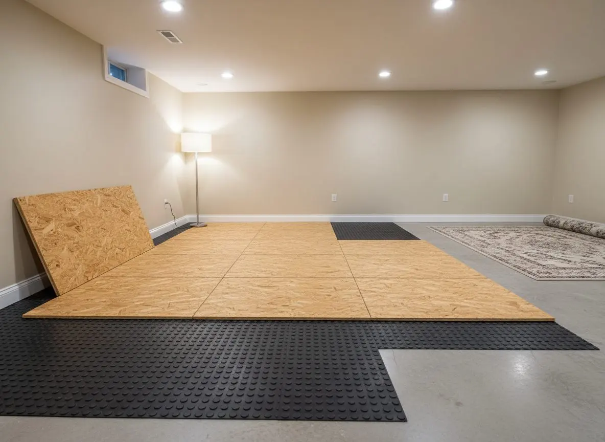 Tongue and groove subfloor panels going down over a dimple membrane on a basement slab, with a few panels still to lay.