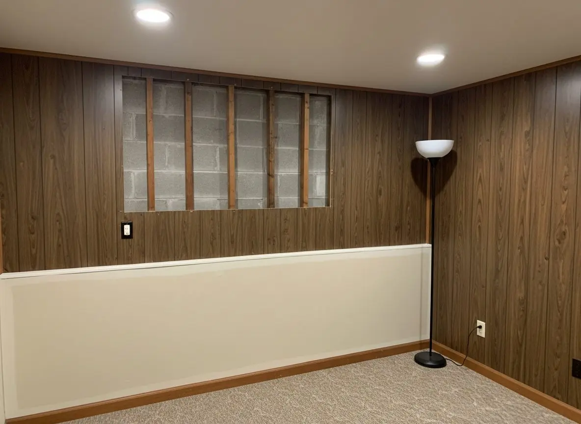 A basement corner with a section of old wood paneling taken off, showing the furring strips and the block wall behind it.