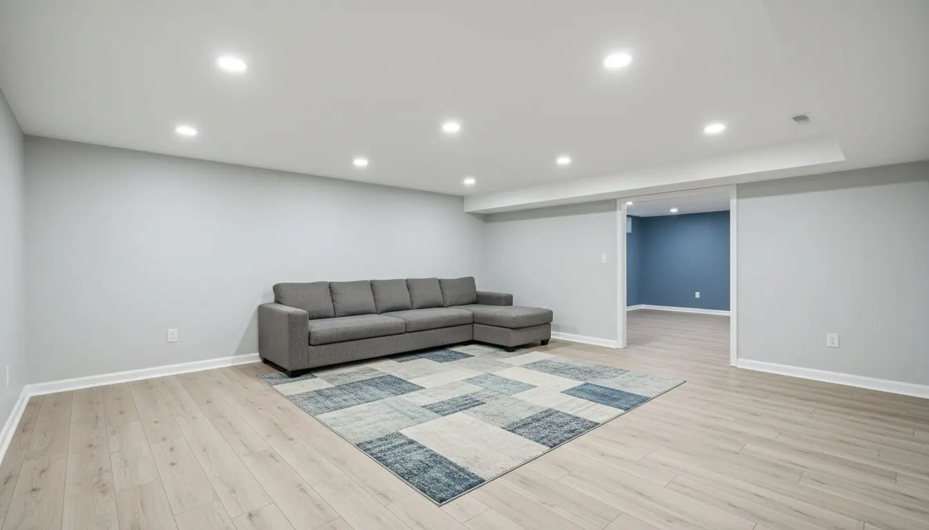 A finished basement in a house in Worcester seen along its full length, an open family area in the foreground and an open doorway into a second finished room