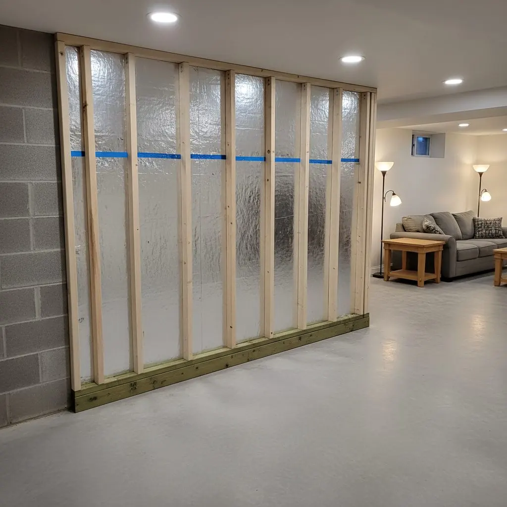 A close view of a basement stud wall built an inch clear of the block, rigid foam boards behind the studs and a pressure-treated bottom plate sitting