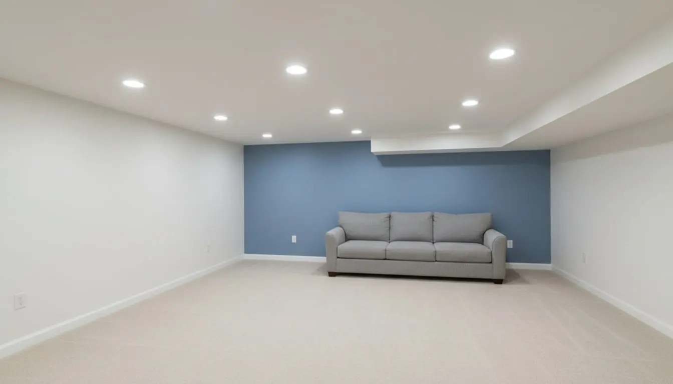 A finished basement room in a house in Worcester with the whole ceiling in frame, flat boarded and carrying recessed downlights across it