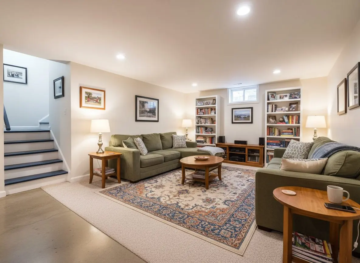 A finished basement in a house in Worcester in use as a family room, with a sofa, bookshelves, a rug and a painted staircase at one end.
