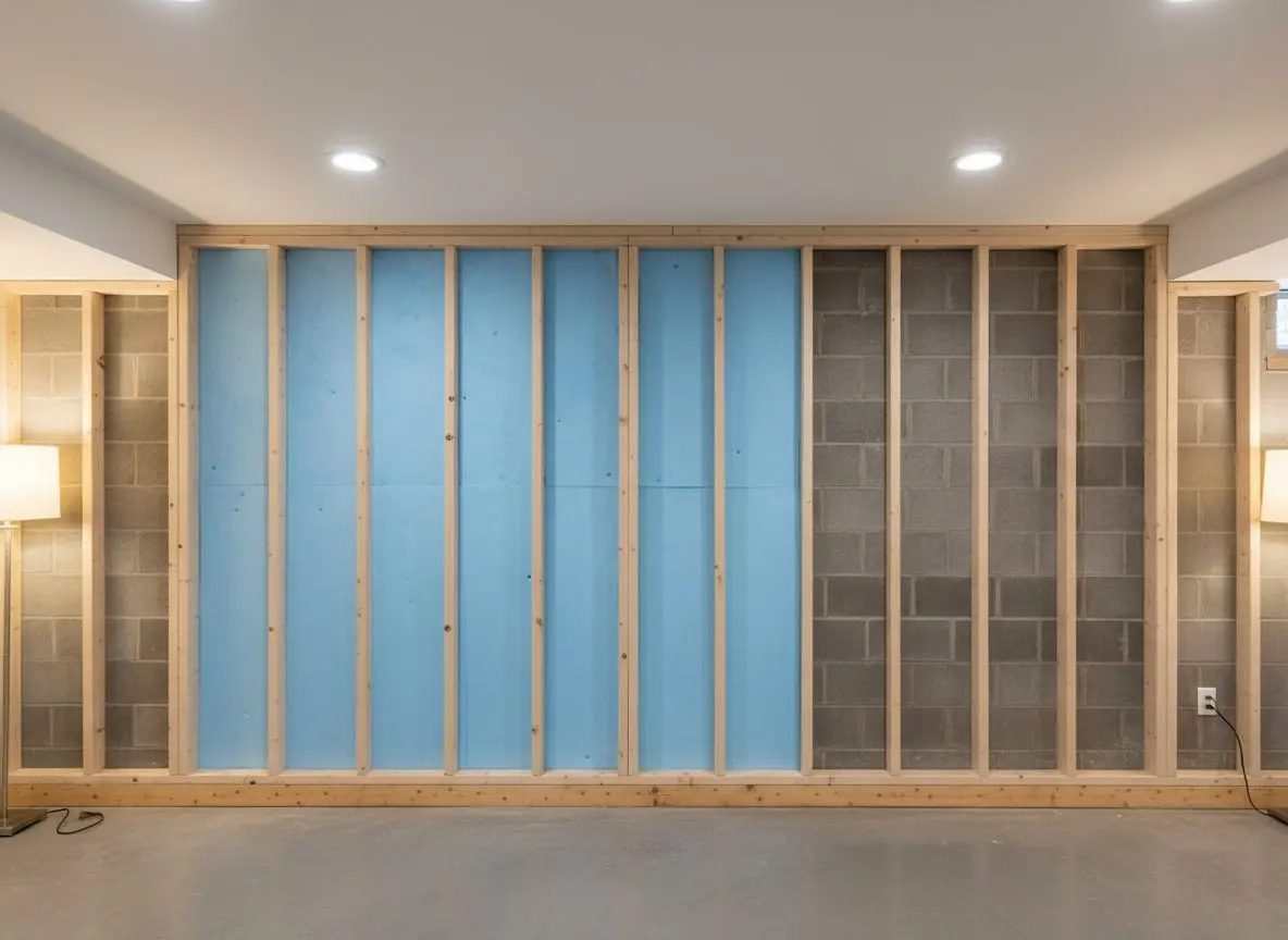 A run of basement wall framing standing clear of the block on a treated bottom plate, with foam board fitted behind the studs.