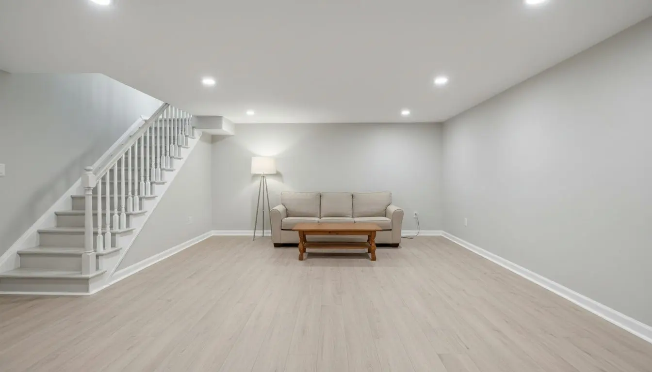 A finished basement room in a house in Worcester with painted walls, a flat ceiling with recessed downlights