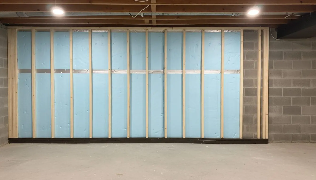 A basement wall in a house in Worcester part way through framing, rigid foam boards fitted tight across the block with the joints taped