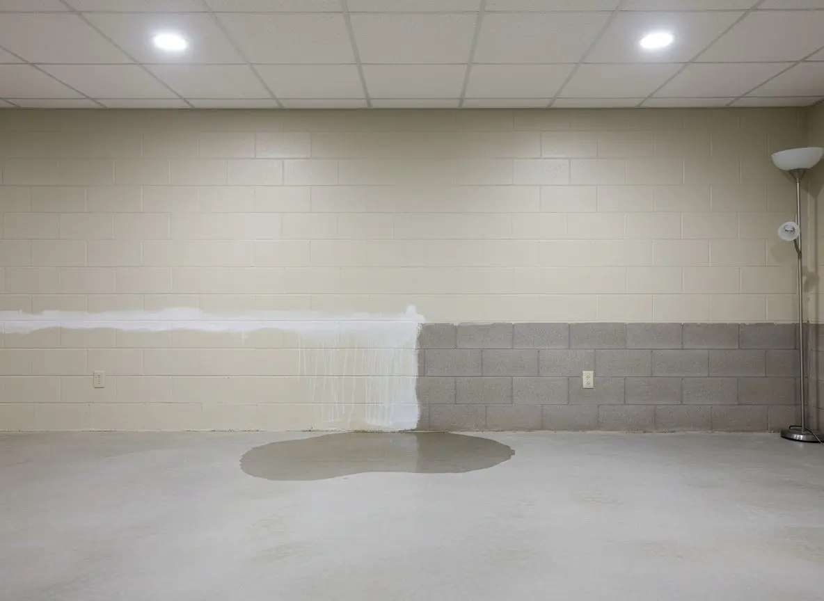 A basement wall meeting the floor, with a pale staining line across the block above the joint and a shallow pool of water on the concrete.