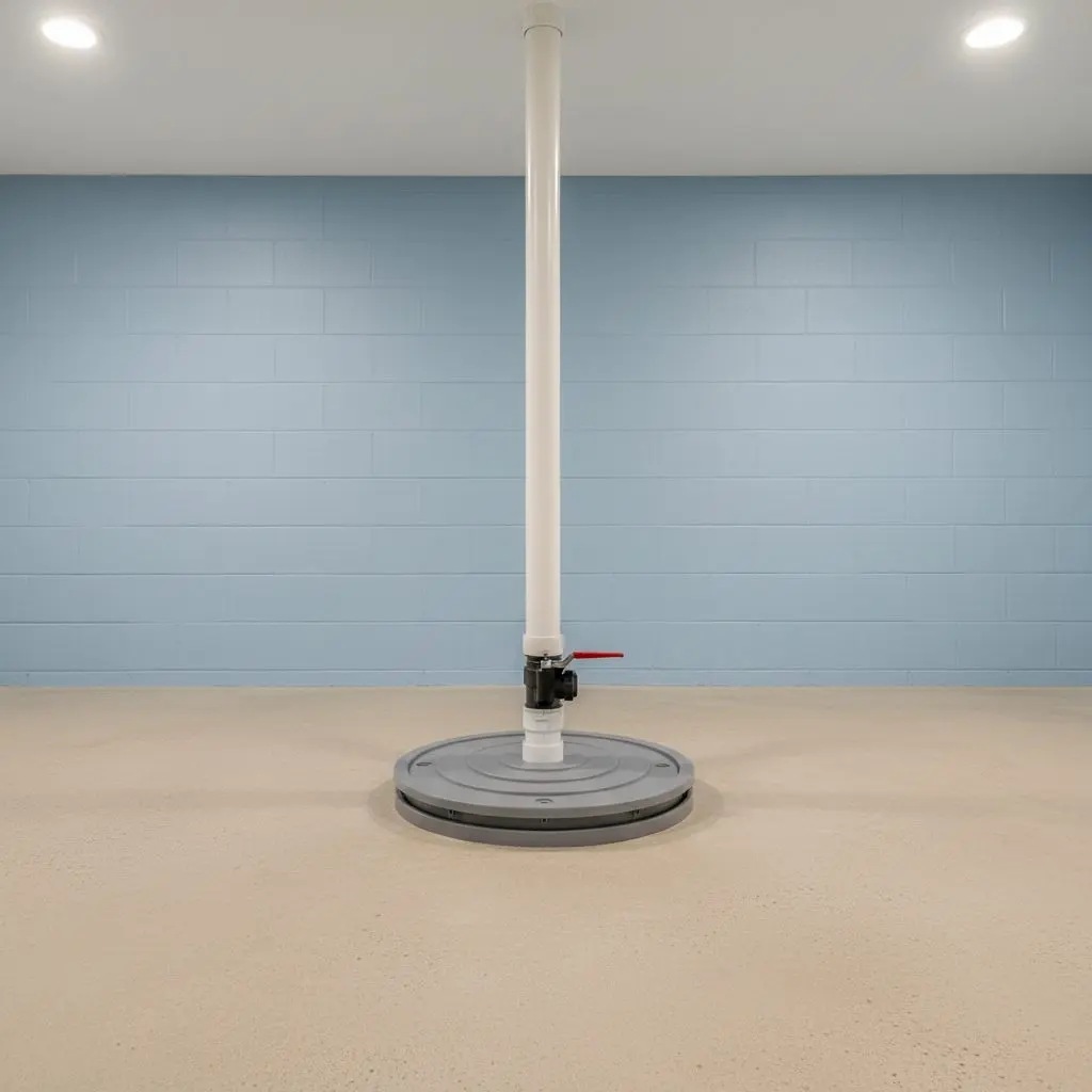 A close view of a sealed sump pit lid set into a basement floor, with the discharge pipe and a check valve rising out of it against a painted block wall.