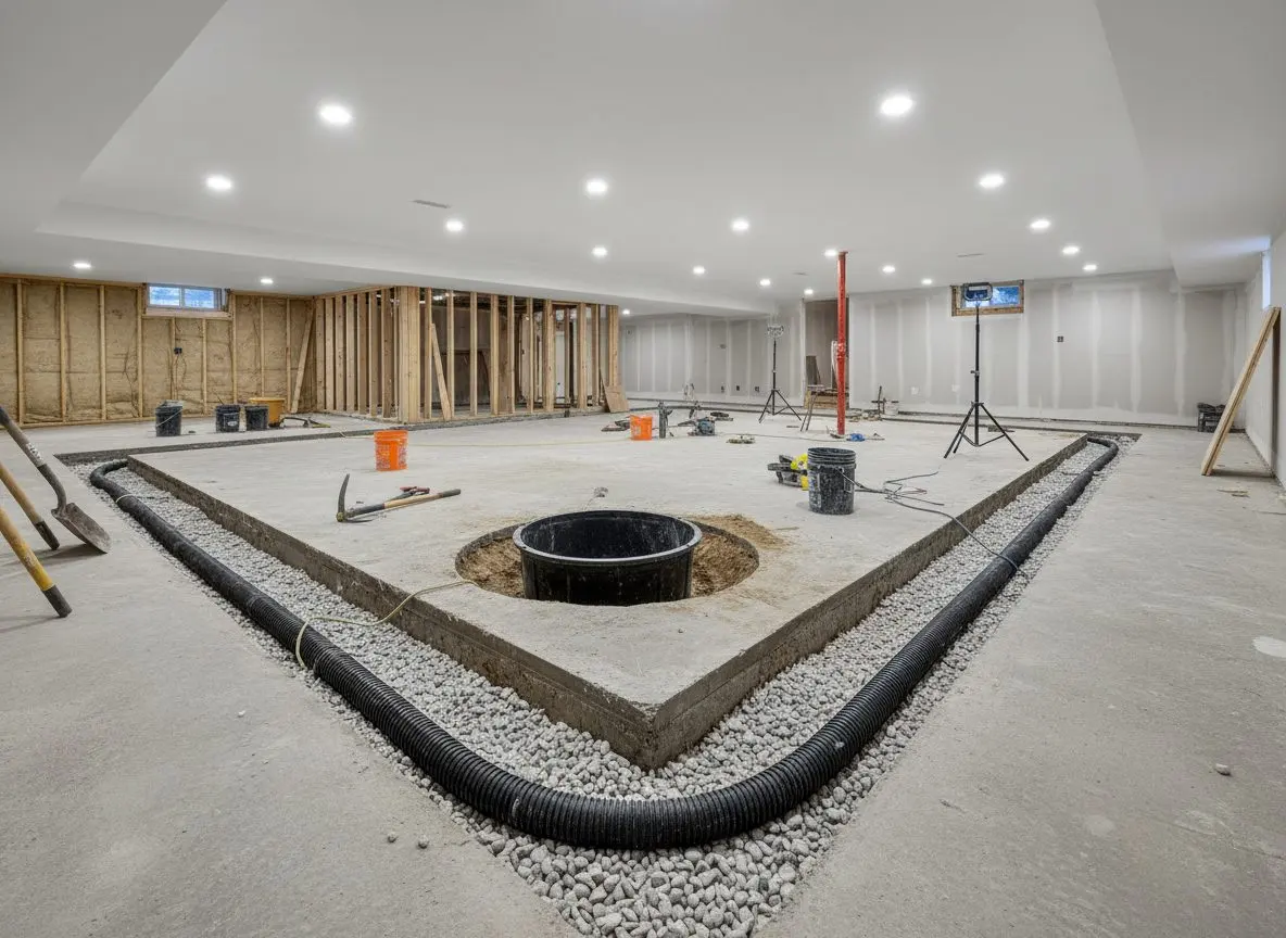 A channel cut around the edge of a basement floor with four-inch perforated pipe bedded in washed stone, and a sump pit liner set into the corner.