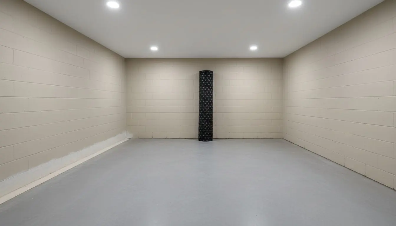 A dry basement in a house in Worcester with painted block walls and a pale strip of newer concrete running along the base of one wall where the floor was cut