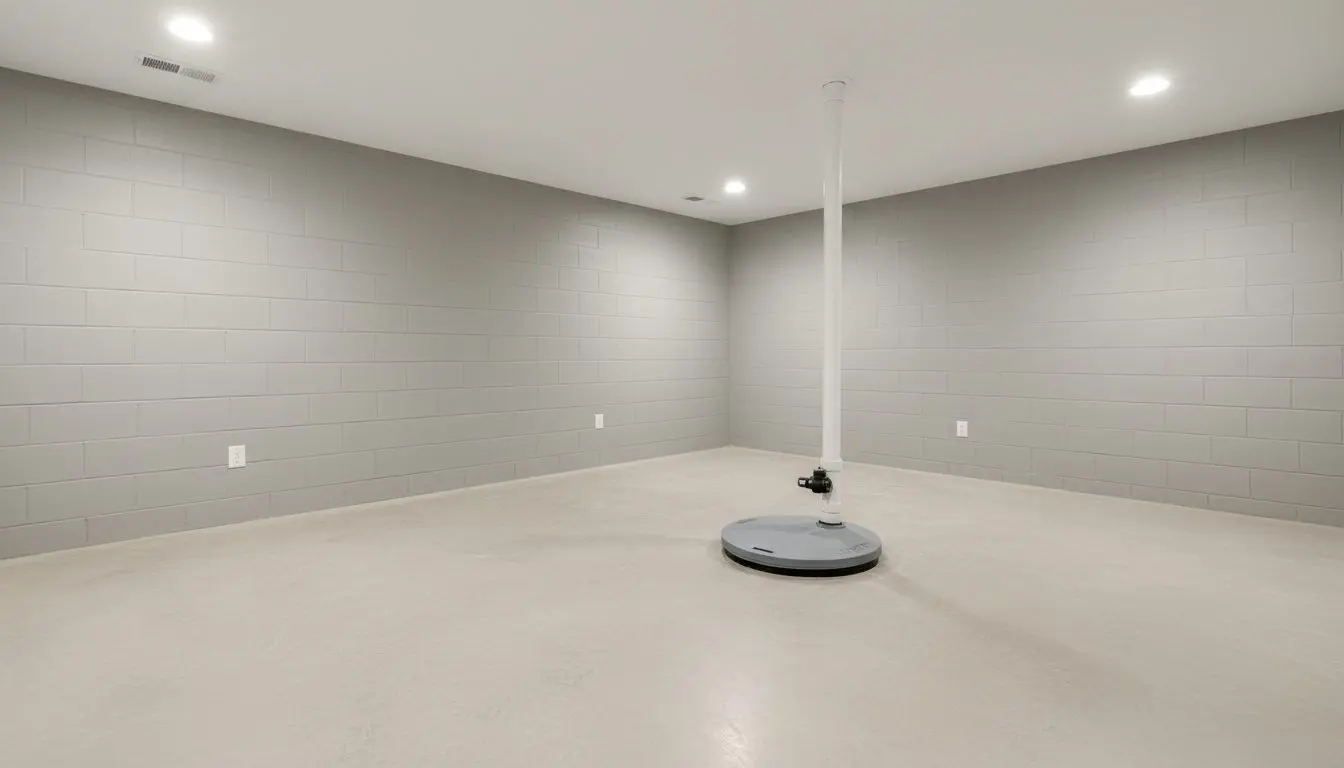 A sealed sump pit in a bright basement floor in a house in Worcester, its gasketed lid flush with the concrete and a white discharge pipe rising out of it