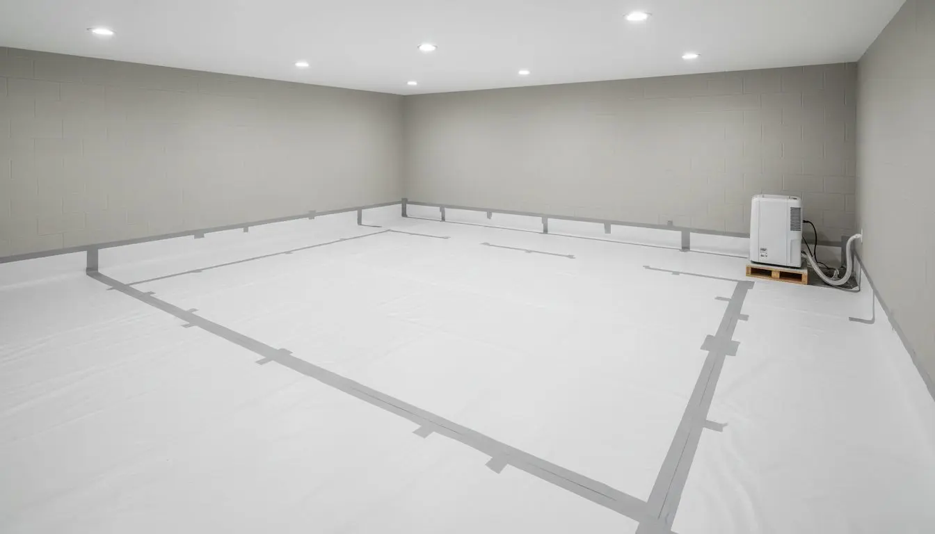 A dry basement in a house in Worcester with the concrete floor covered edge to edge in heavy white liner, the seams overlapped and taped