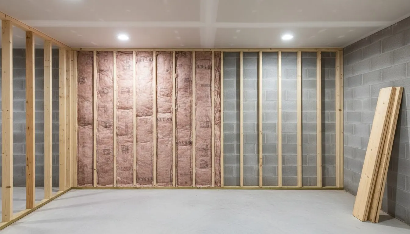 A part-built basement wall in a house, studs standing clear of the block with insulation behind them and a stack of boards leaning on the far wall.